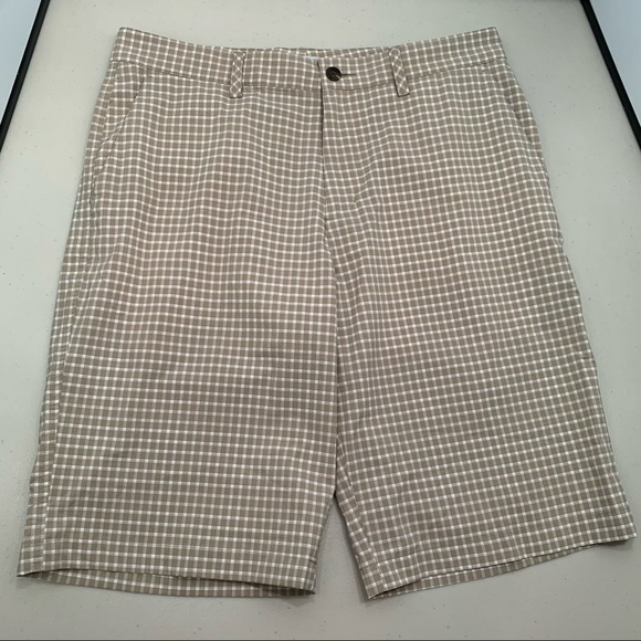 Adidas Tan Brown Plaid Check Mens Flat Front Golf Shorts Size 32 - Picture 1 of 9